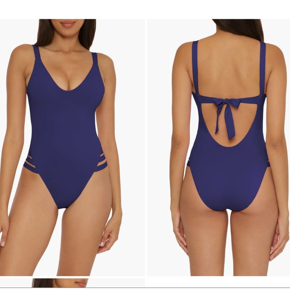 Becca Swim Womens High Leg One-Piece Swimsuit Blue Size Medium NWT